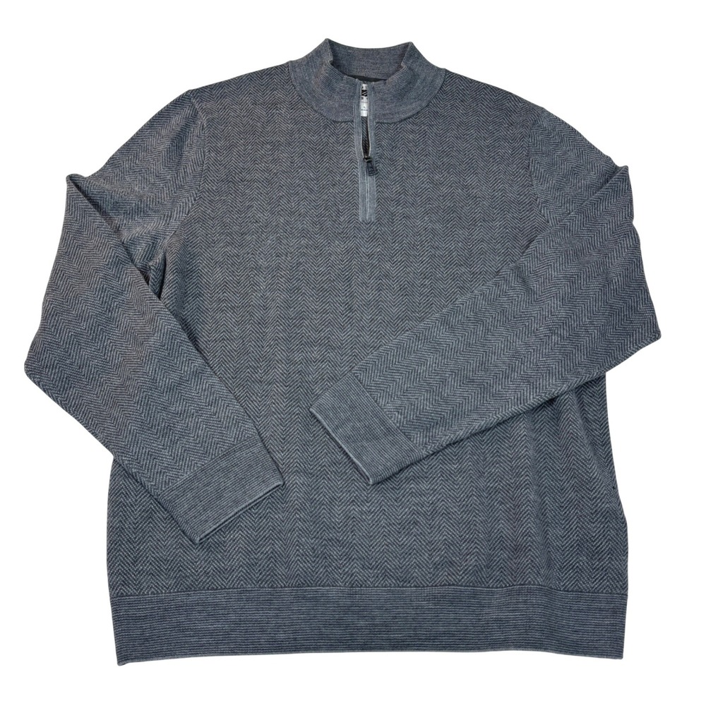Joseph Abboud Mens Grey Herringbone Merino Wool Blend Quarter Zip Sweater Large